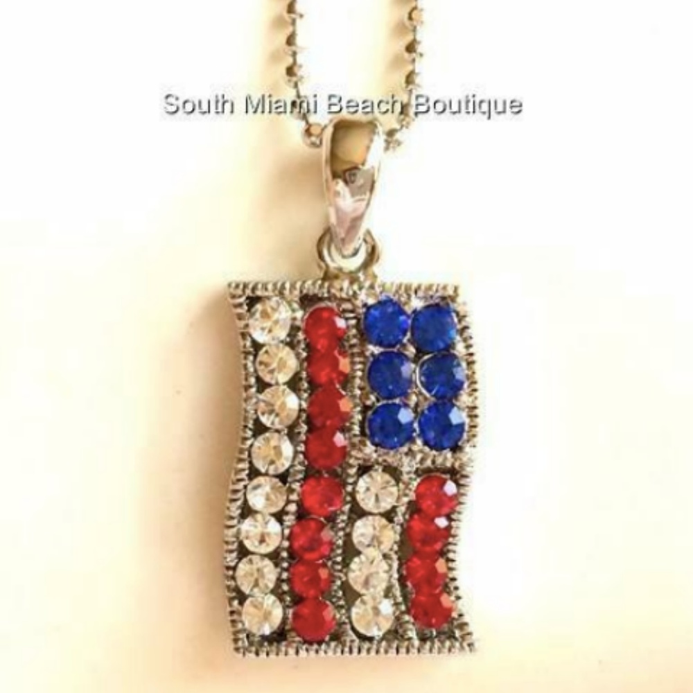 Silver American Flag Necklace Crystal Patriotic - Picture 5 of 8